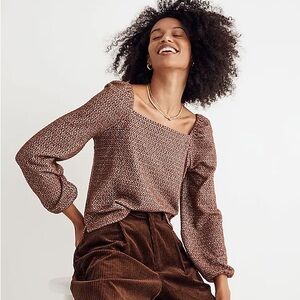 NWT Madewell Jacquard Puff-Sleeve Top in Dark Merlot M